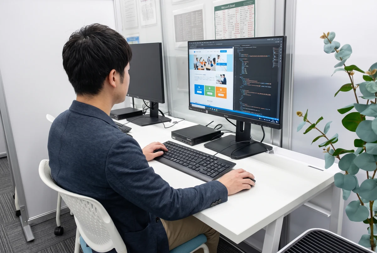 パソコンでWebサイトを制作する作業のイメージ